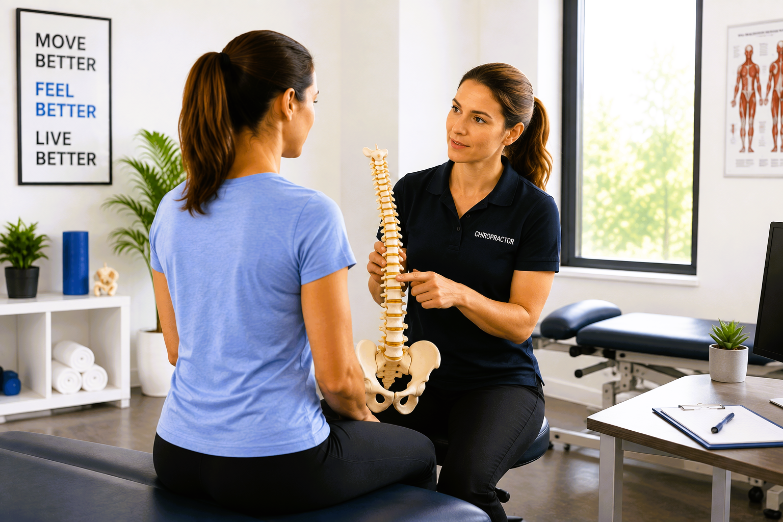 Chiropractor explaining a spine model during a chiropractic care assessment with a patient.