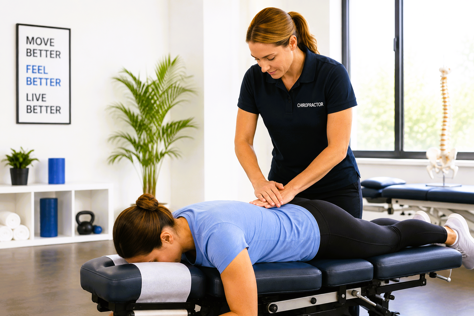 Chiropractor providing manual chiropractic care treatment to improve movement and reduce back pain.