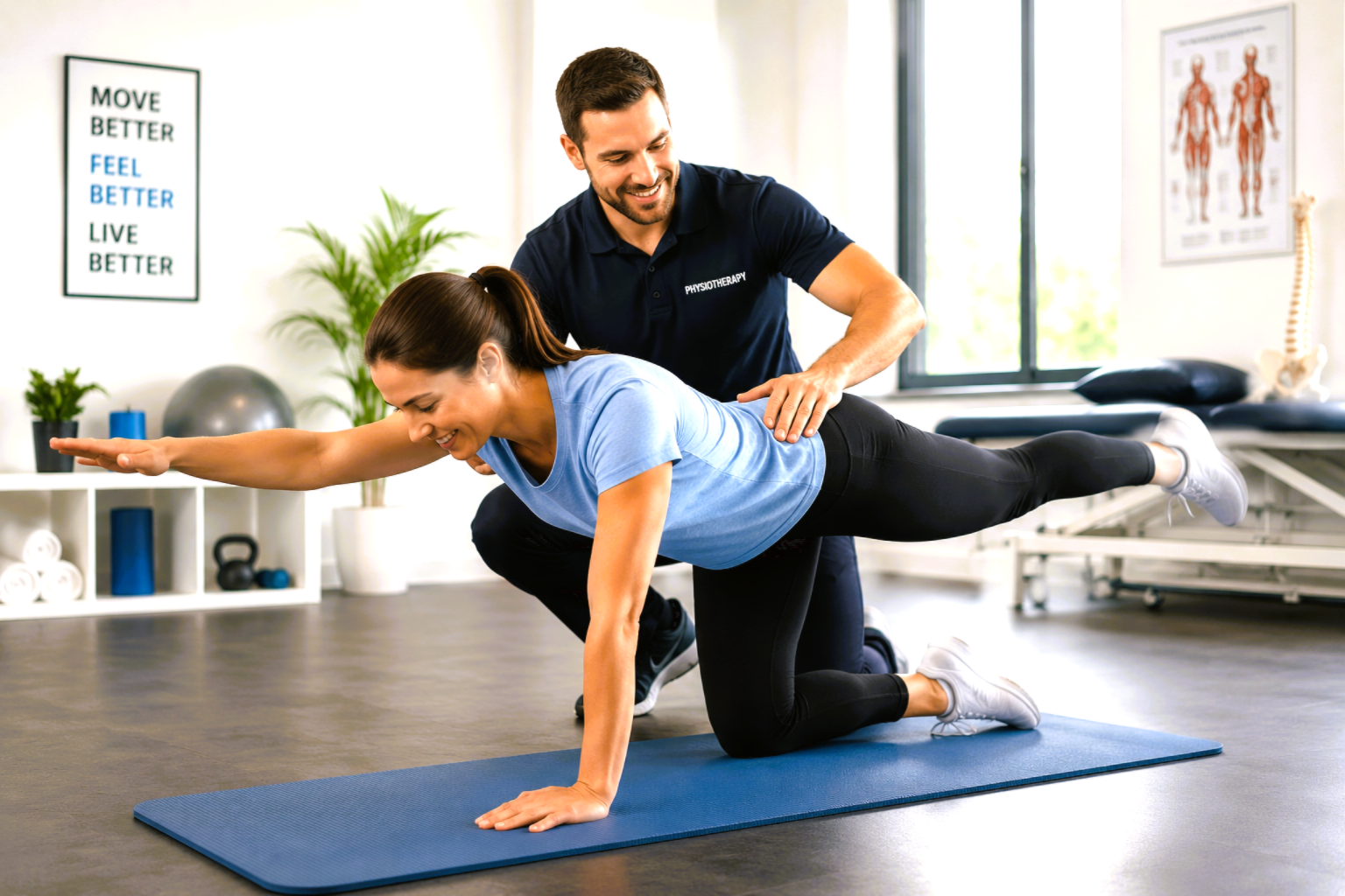 Physiotherapist guiding a patient through a rehabilitation exercise in a clinic.