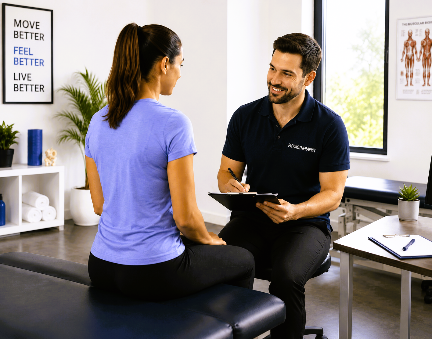 Physiotherapist conducting a physiotherapy assessment with a patient during an initial consultation.
