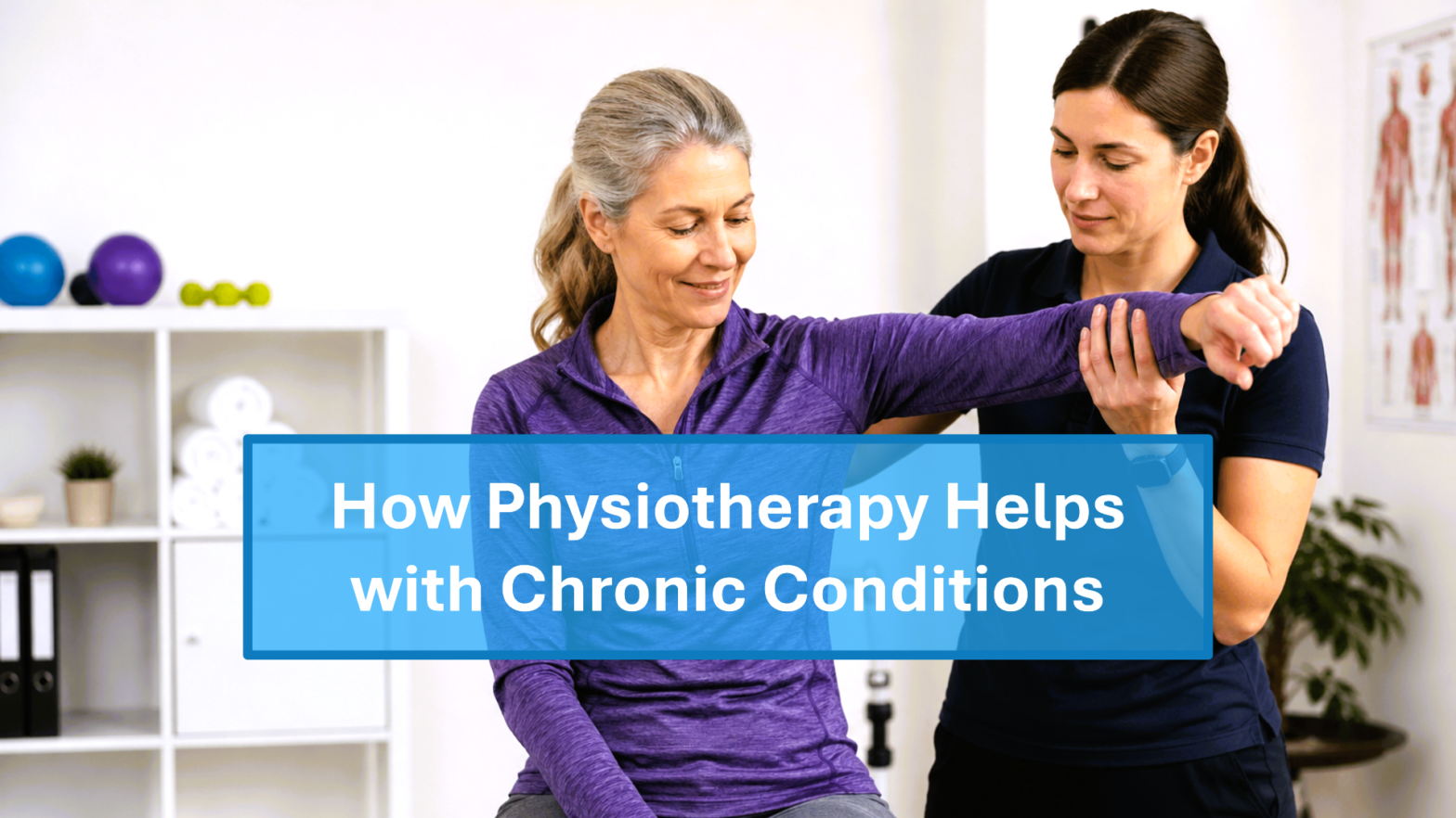 Physiotherapist assisting patient with shoulder mobility exercise for chronic pain physiotherapy treatment.
