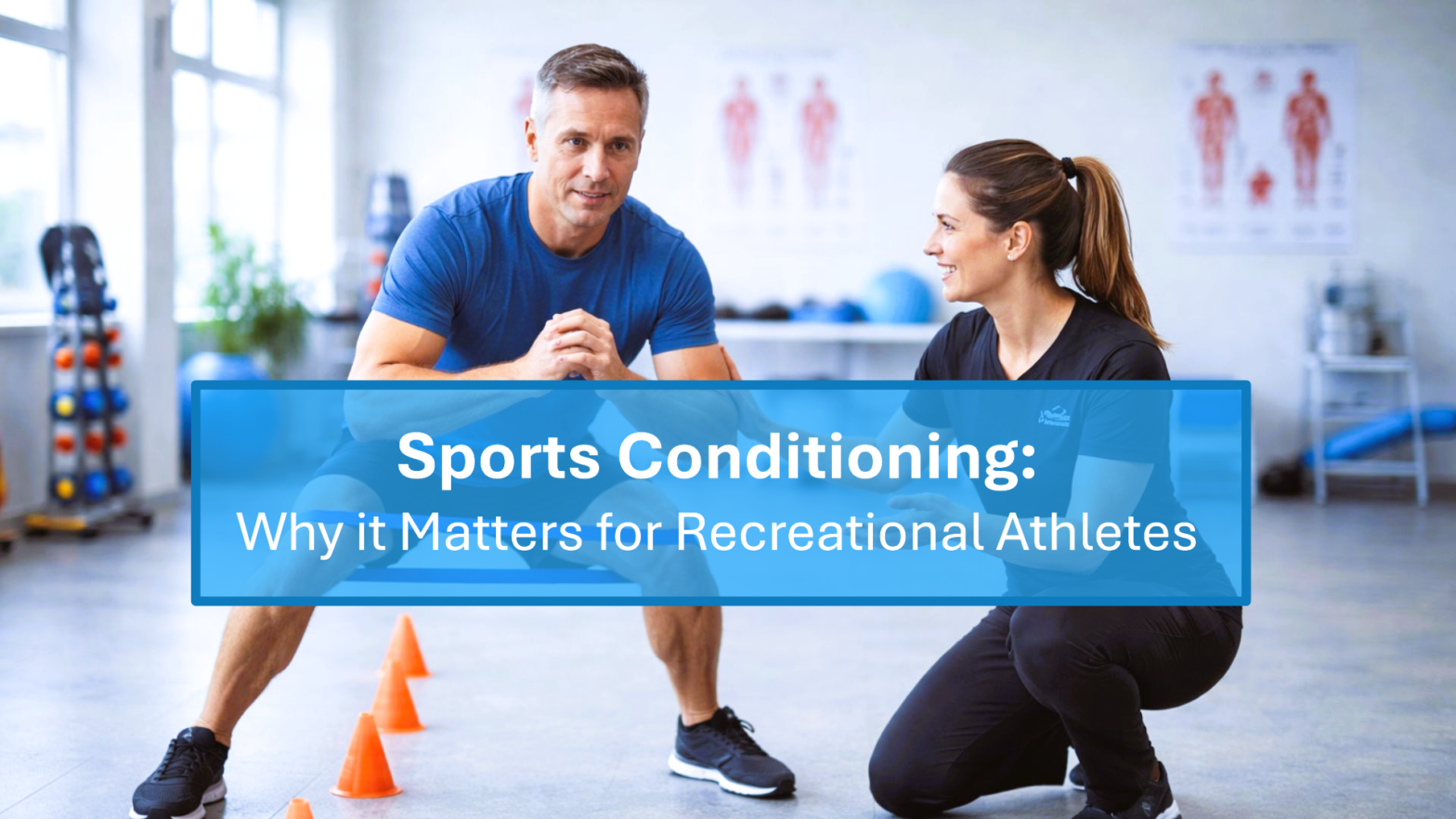 Physiotherapist guiding recreational athlete through resistance band sports conditioning for strength and injury prevention.