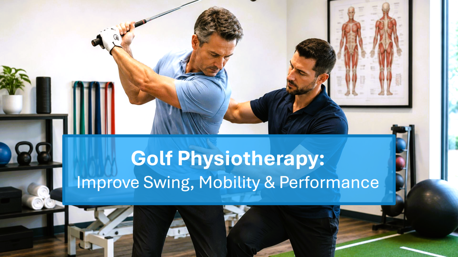 Physiotherapist assessing a golfer’s swing mechanics and mobility during golf physiotherapy session in a modern rehabilitation clinic.