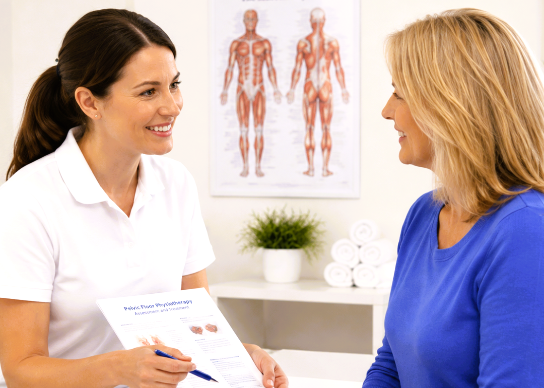 Pelvic floor physiotherapist discussing treatment options with a patient.