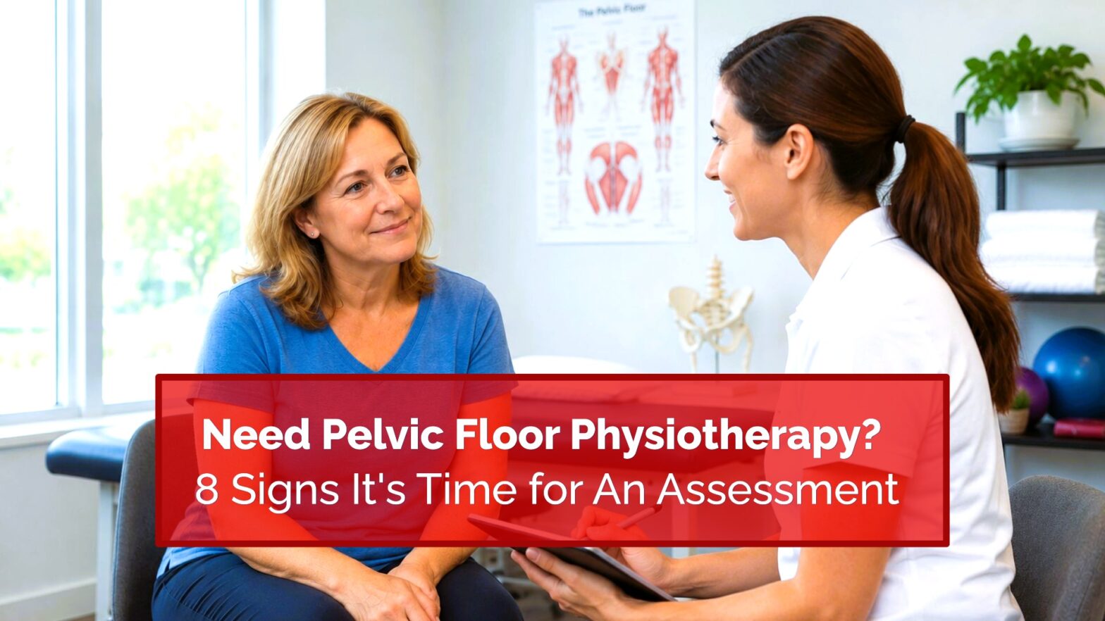 Physiotherapist explaining a pelvic floor physiotherapy assessment to a patient during an initial consultation.