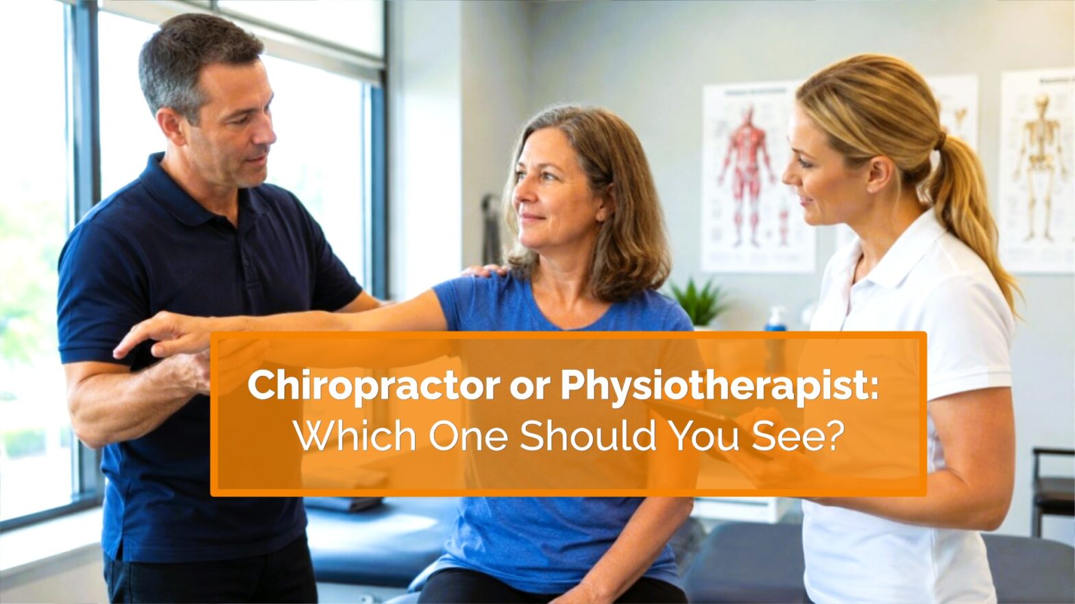 Chiropractor and physiotherapist assessing a patient to help determine the appropriate treatment approach.